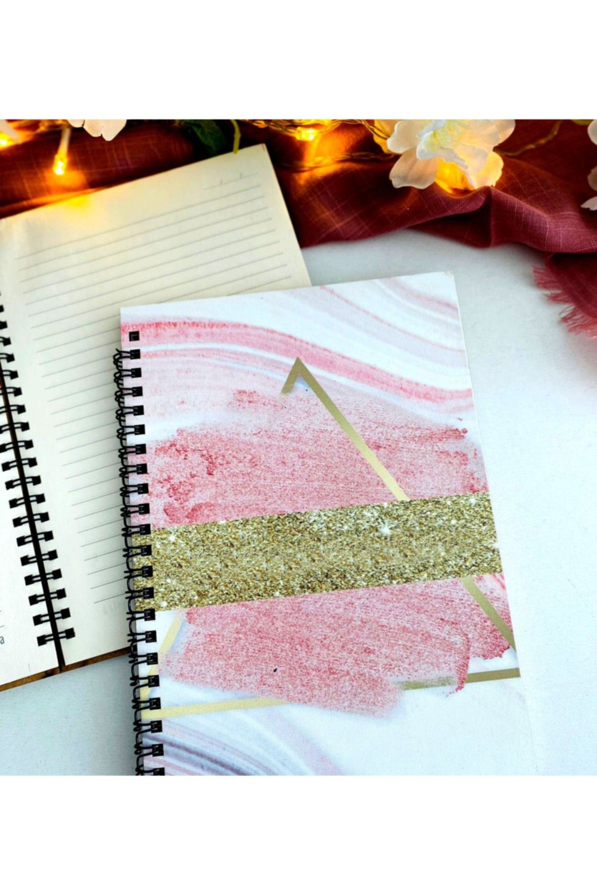 Pembe Gold Mermer Desen Baskılı Ahşap Defter