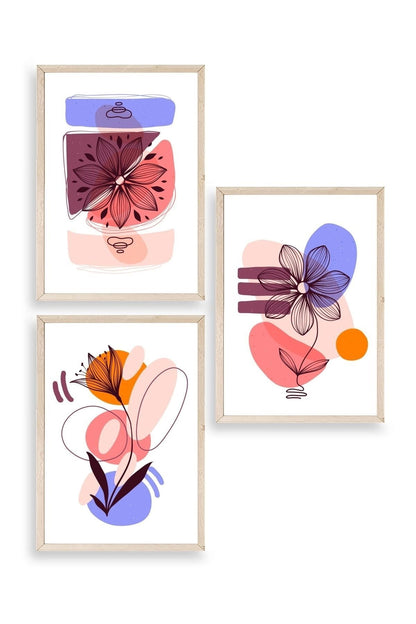 Çiçek Desenli Üçlü Ahşap Çerçeveli Tablo 23 x 30