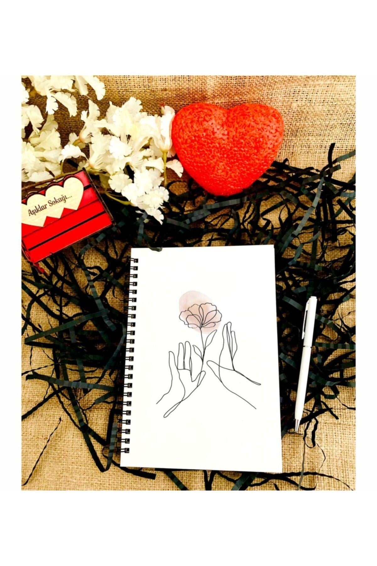 Sevgililer Günü Çiçekli El Desen Baskılı Ahşap Defter Kalem Seti - Beyaz