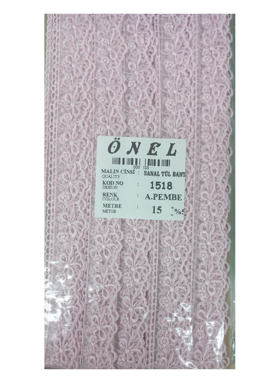 Dantel Polyester Sanal Tül Bant Açık Pembe 15 Metre En 3 cm ON-1518-AP