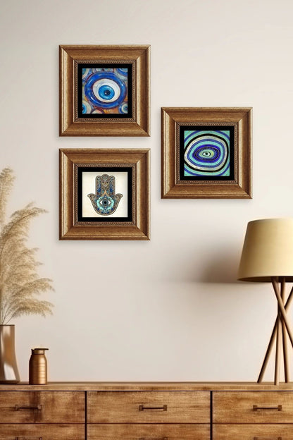 Nazar 3 lü Set Çerçeveli Taş Tablo 20 cm