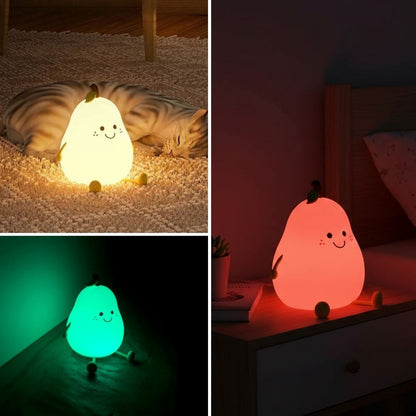 5 Farklı Renk Modlu Armut Figürlü Pofuduk LED Gece Lambası–Yumuşak Dokulu Çocuk Odası ve Dekoratif Şarjlı Ortam Işığı
