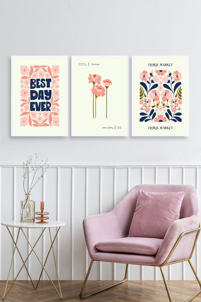 Flower Market Üçlü Ahşap Çerçeveli Tablo 50 x 70