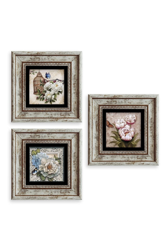 Çiçekler 3 lü Set Çerçeveli Taş Tablo 20 cm