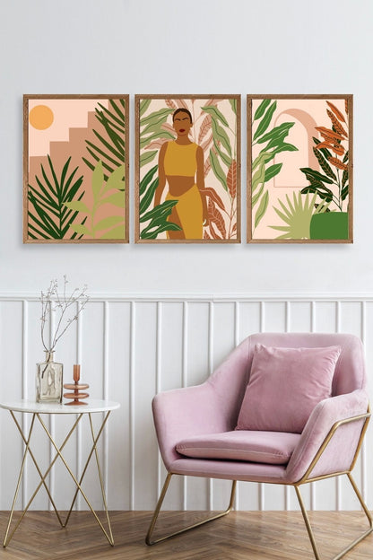 Düşündüren Çiçekli Üçlü Ahşap Çerçeveli Tablo 50 x 70