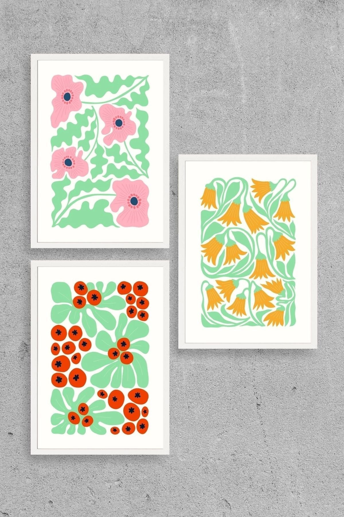 Çiçekler Üçlü Ahşap Çerçeveli Tablo 50 x 70