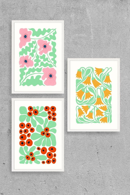 Çiçekler Üçlü Ahşap Çerçeveli Tablo 50 x 70