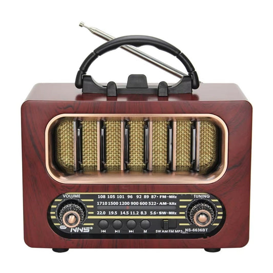 BUFFER® Orta Boy Retro Ahşap Tasarım Bluetooth Hoparlörlü Radyo – FM/AM Destekli, Şarjlı ve Taşınabiliri Radyo NS-6636