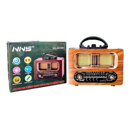 BUFFER® Büyük Boy Retro, Nostaljik, Ahşap Tasarım Bluetooth Hoparlörlü, Şarjlı, Taşınabilir FM/AM Destekli Radyo NS-6635