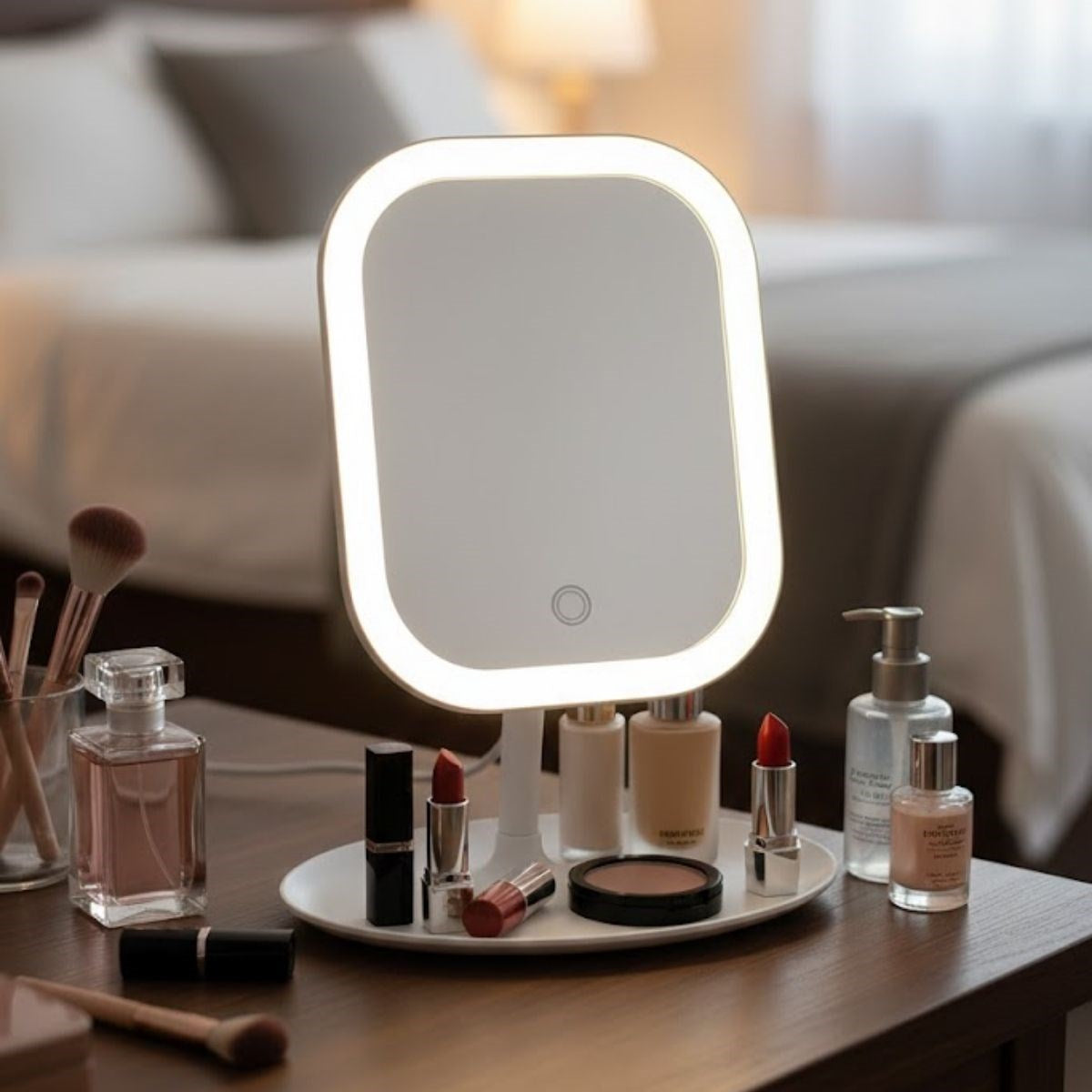 BUFFER® Dokunmatik LED Işıklı Kare Makyaj Aynası – Altı Organizer Kaseli, Ayarlanabilir Aydınlatmalı Masaüstü Makyaj ve Cilt Bakım Aynası