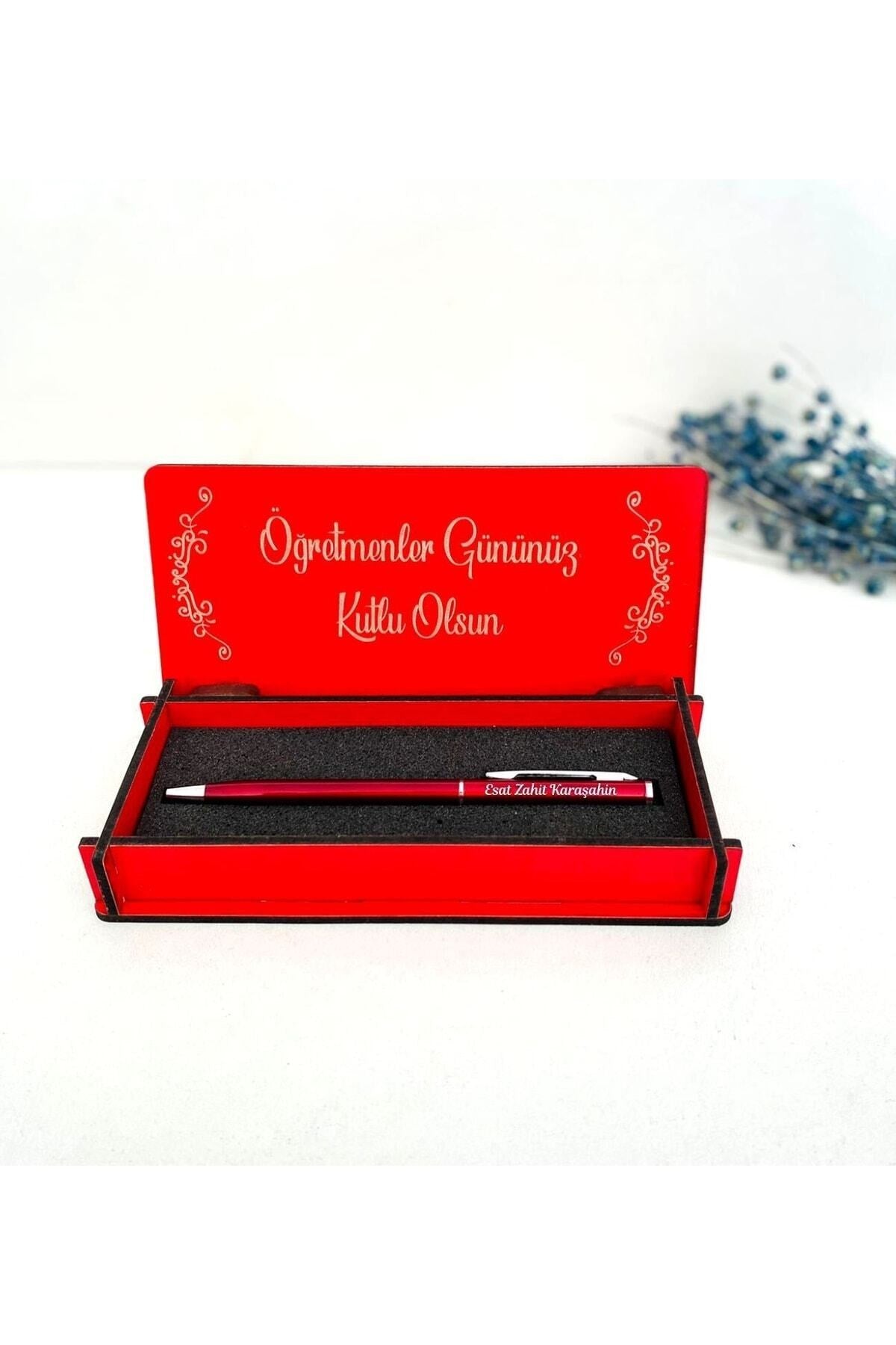 Öğretmenler Günü Tasarımlı Ahşap Kalem Kutusu - Kırmızı