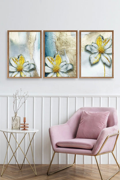 Çiçek Desenli Üçlü Ahşap Çerçeveli Tablo 50 x 70