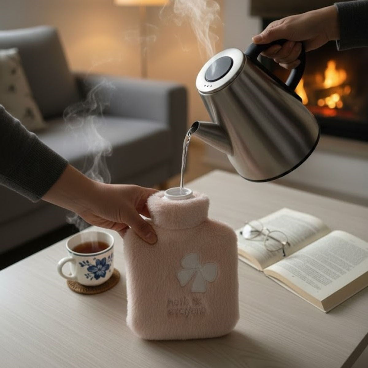 Hello Everyone Yazılı Kurdeleli Pembe Peluş Sıcak Su Torbası 1 Lt – Yumuşak Kılıf, Uzun Süre Sıcak Tutan Termal Su Torbası