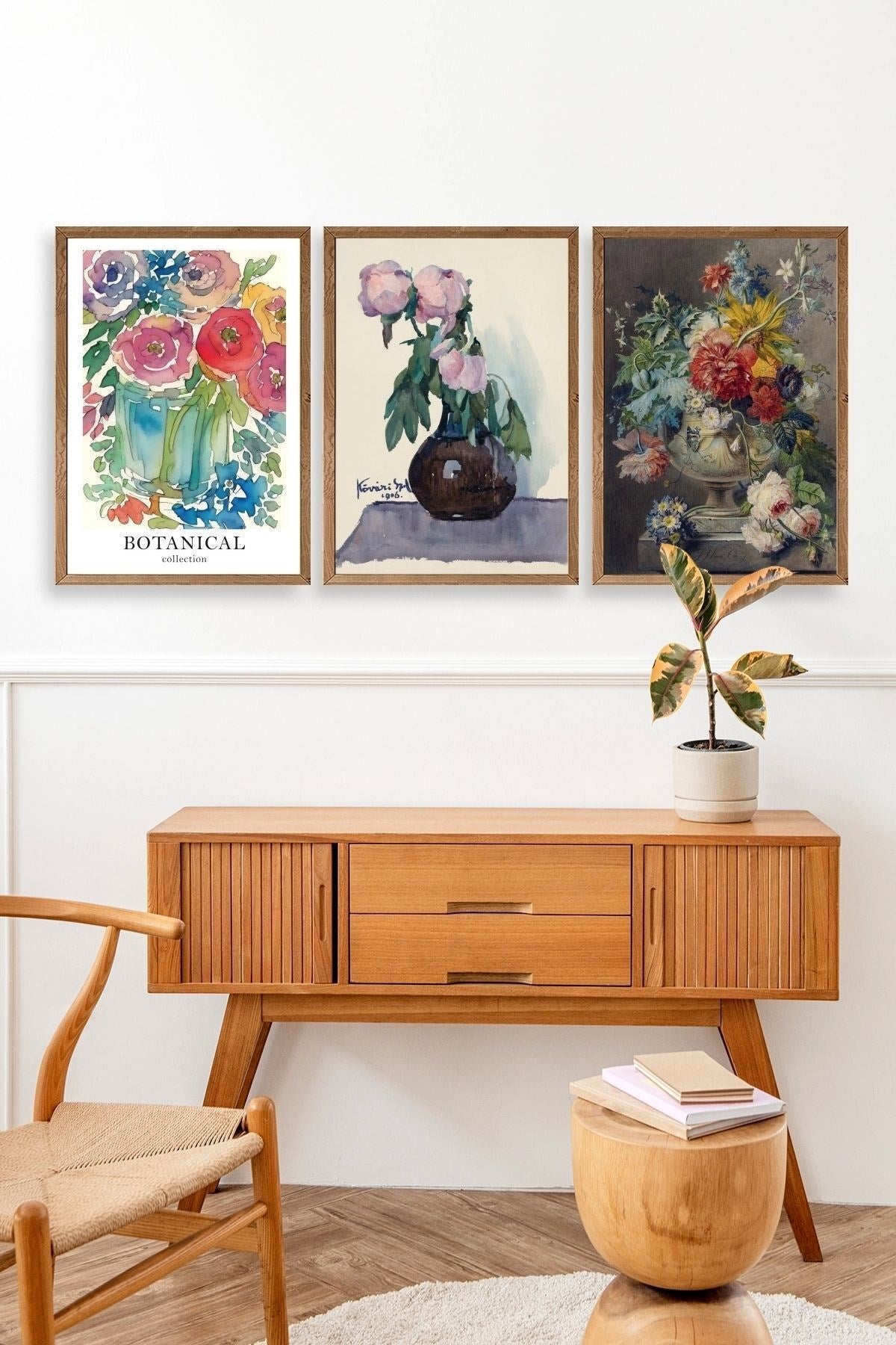 Çiçek Üçlü Ahşap Çerçeveli Tablo 50 x 70