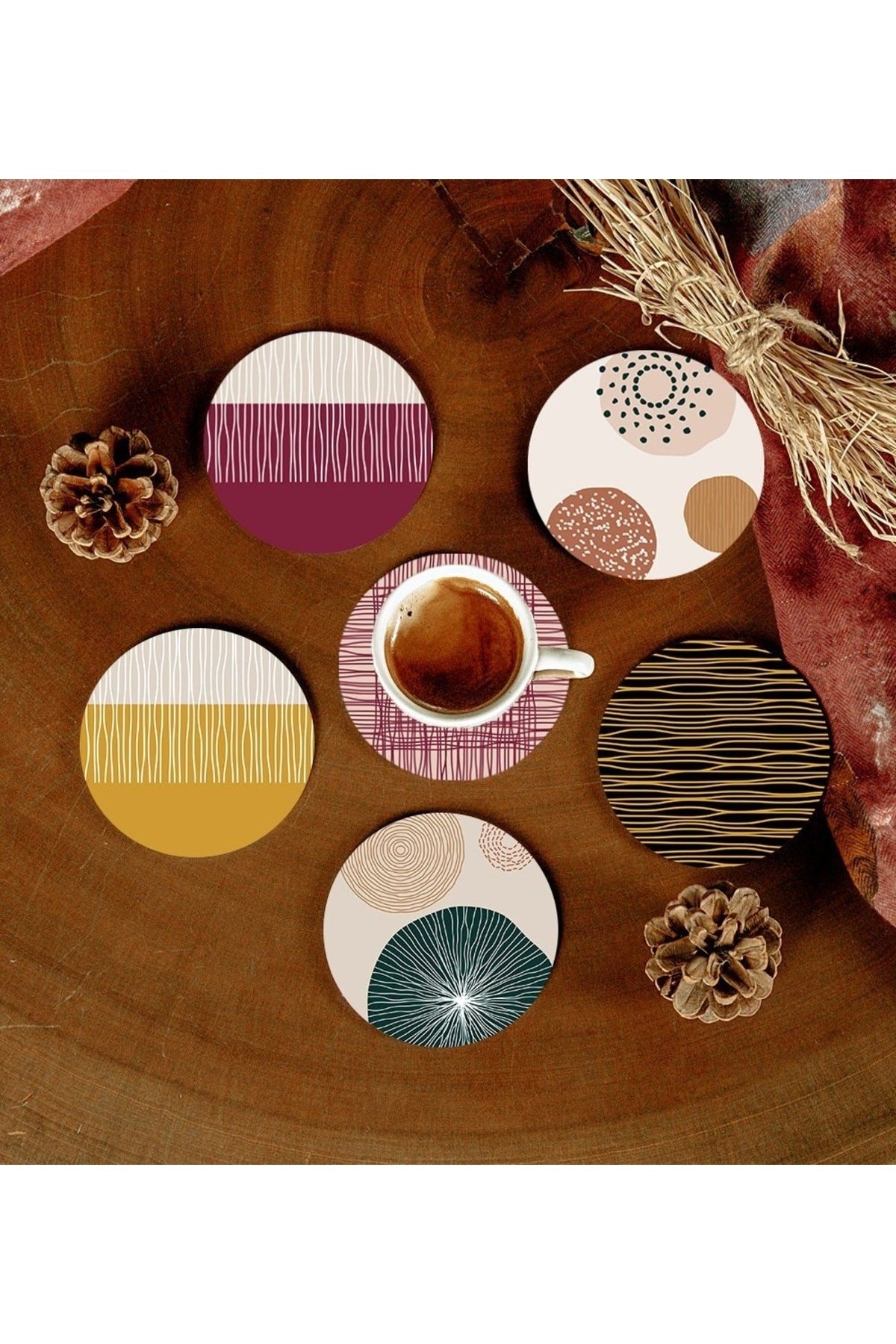 6 Adet Desenli Mdf Bardak Altlığı