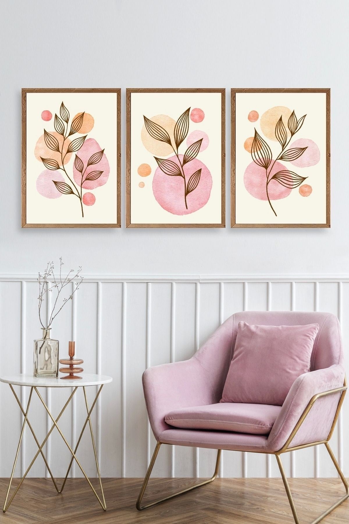 Çiçek Desenli Üçlü Ahşap Çerçeveli Tablo 30 x 42