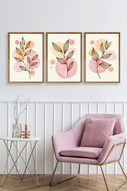 Çiçek Desenli Üçlü Ahşap Çerçeveli Tablo 30 x 42