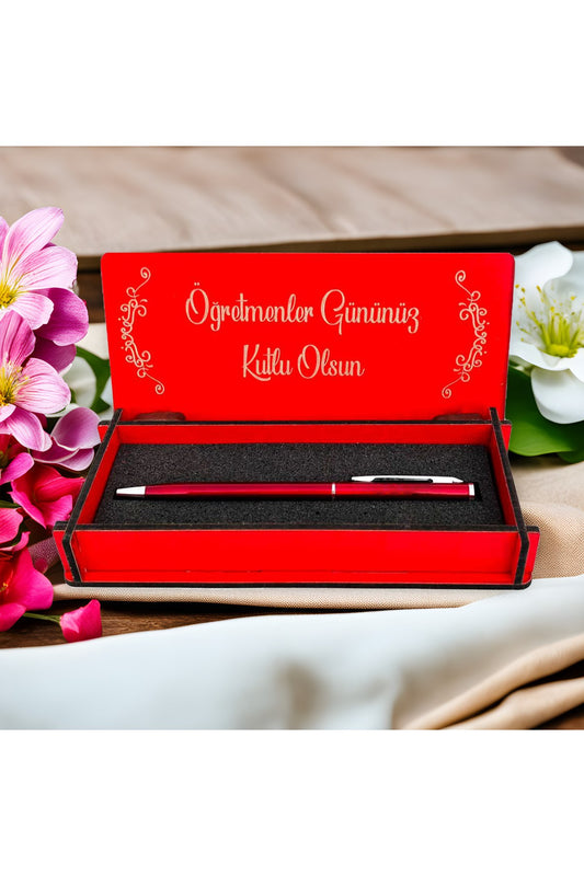 Öğretmenler Günü Tasarımlı Ahşap Kalem Kutusu - Kırmızı