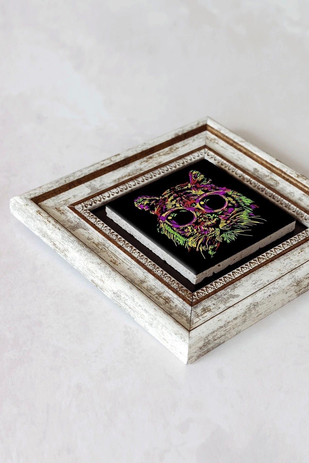 Soyut Çalışma Renkli Kedi Çerçeveli Taş Tablo , Çerçeveli Taş Duvar Dekoru - Enkcrcvtbl-00098 20 cm