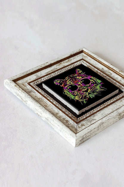 Soyut Çalışma Renkli Kedi Çerçeveli Taş Tablo , Çerçeveli Taş Duvar Dekoru - Enkcrcvtbl-00098 20 cm