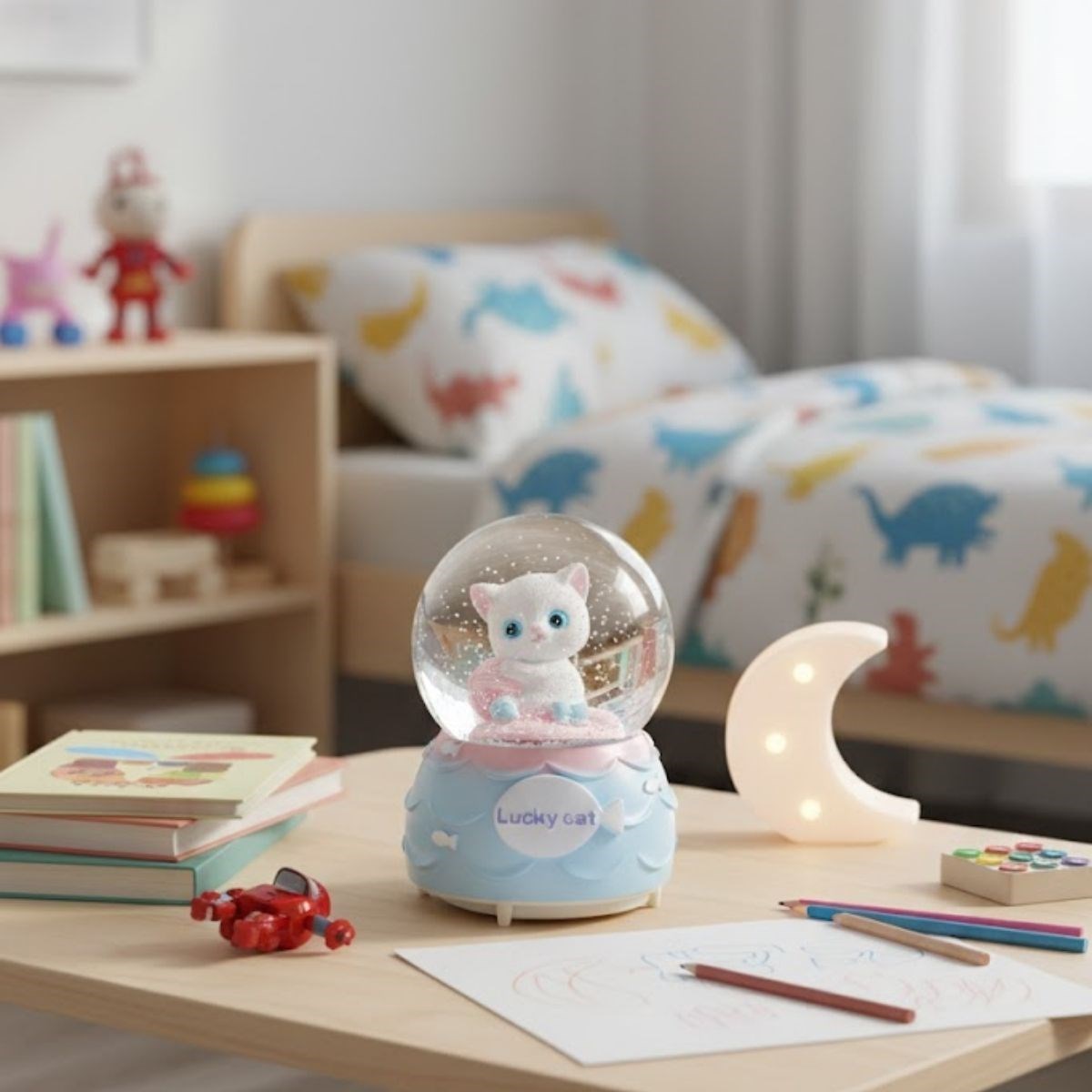 Pilli Işıklı Müzikli Kar Küresi–Şanslı Toplu Kedi Figürlü Eğlenceli Masaüstü Biblo, LED Aydınlatmalı Dekoratif Hediyelik Kar Küresi