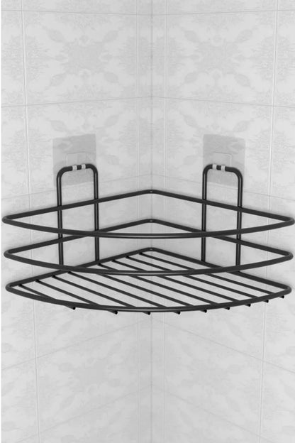 BUFFER® Kendiliğinden Yapışkanlı Montaj Gerektirmeyen Tek Katlı Banyo Askı Köşe Şampuanlık Siyah