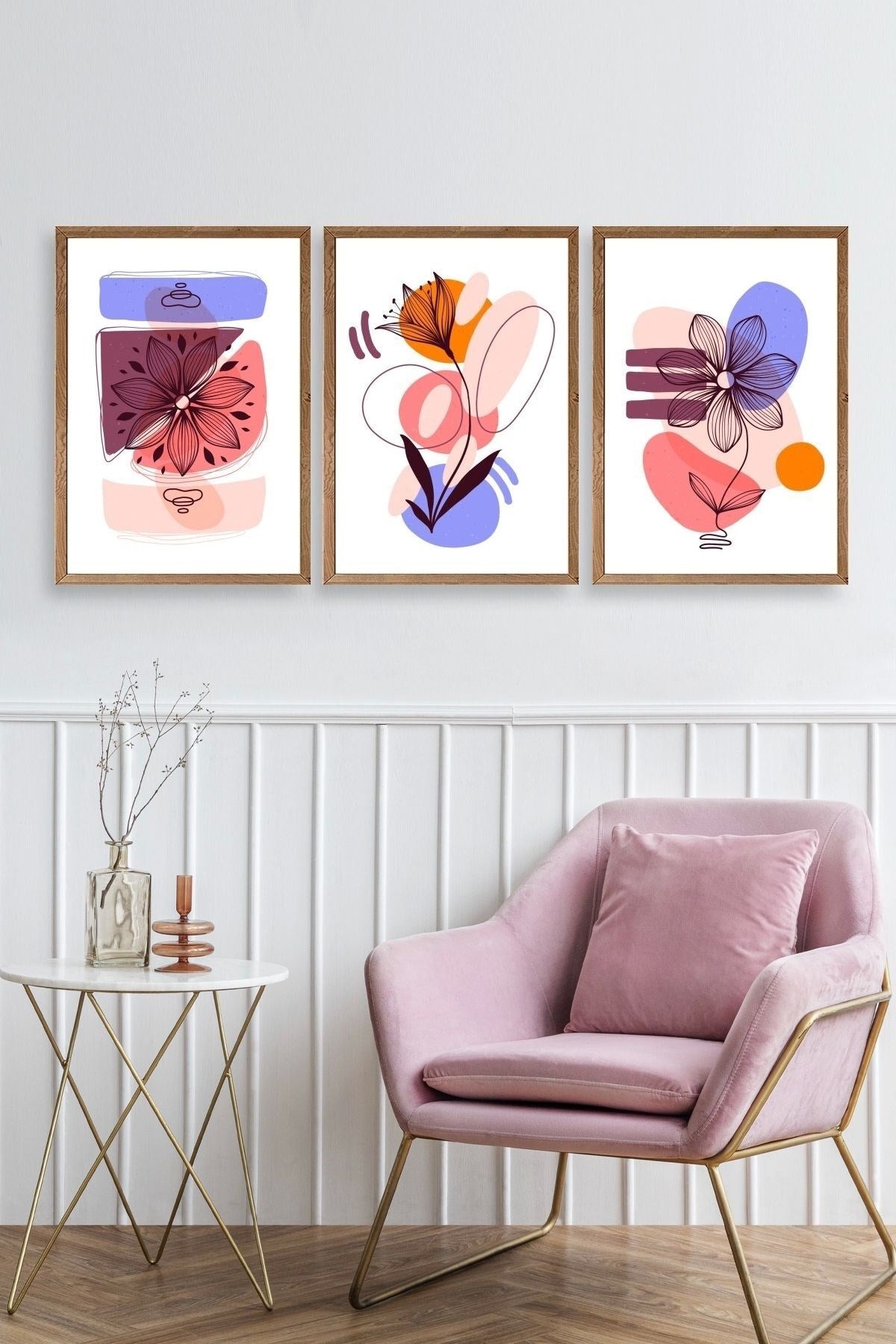 Çiçek Desenli Üçlü Ahşap Çerçeveli Tablo 17 x 23