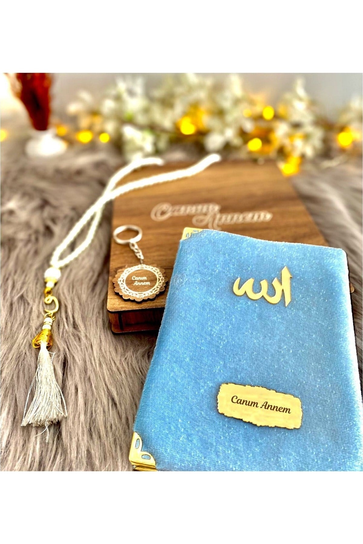 Canım Annem Ahşap Kutulu Anahtarlıklı Mavi Yasin-i Şerif Seti