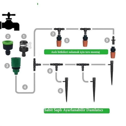 BUFFER® 10 Metre Bahçe Damlama Sulama Sistemi Seti Hortum ve Ek Parçaları