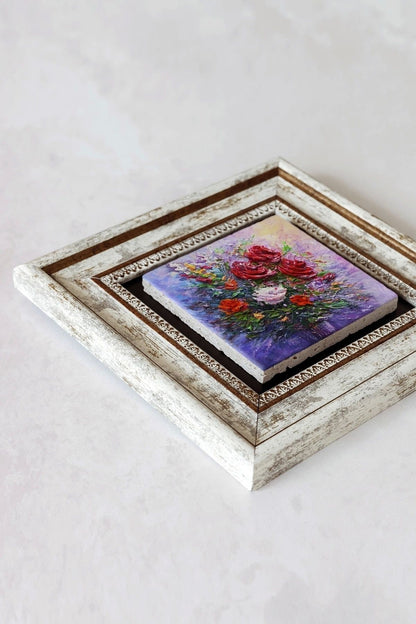 Çiçek Çerçeveli Taş Tablo , Çerçeveli Taş Duvar Dekoru-enkcrcvtbl-00203 20 cm