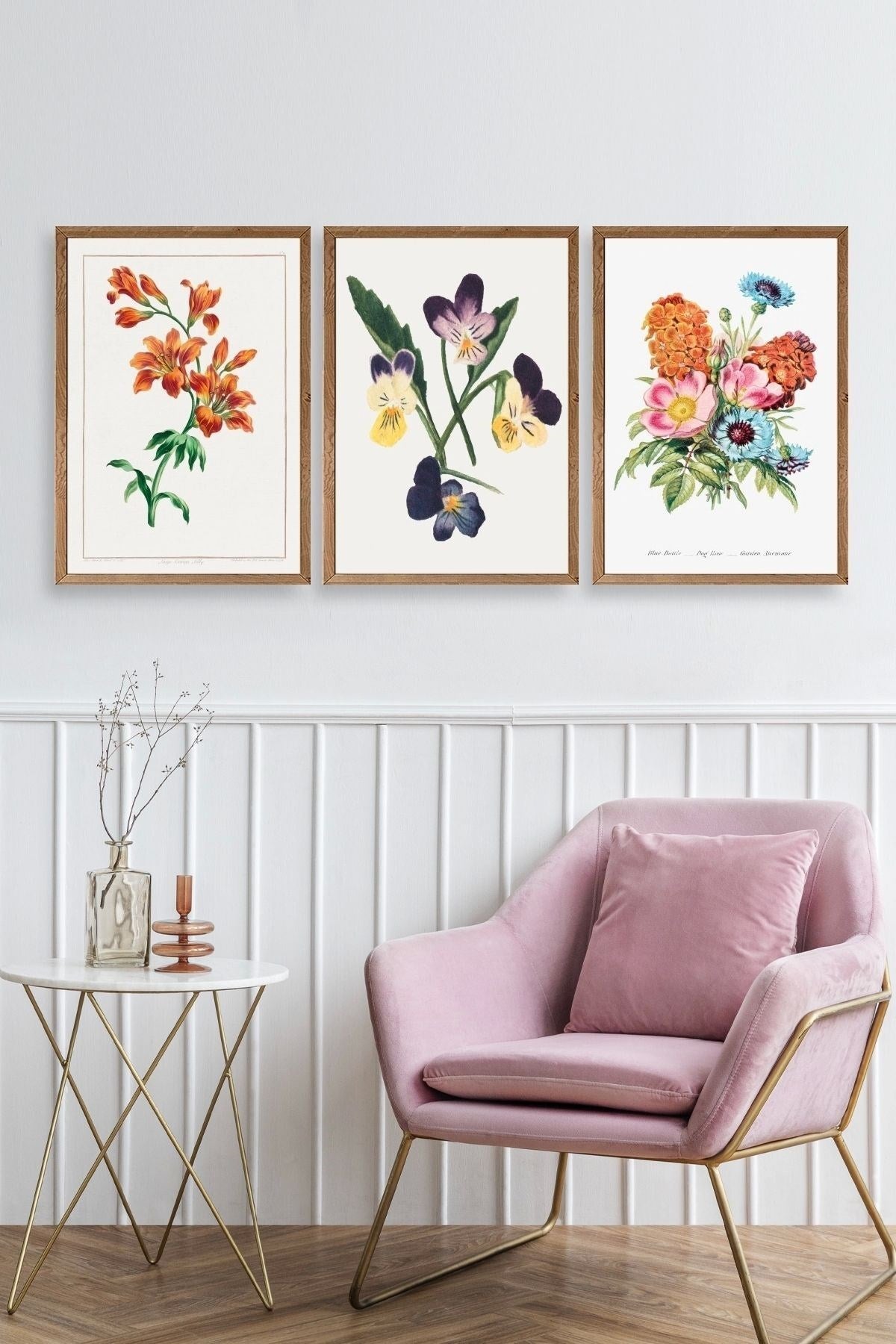 Çiçek Üçlü Ahşap Çerçeveli Tablo 23 x 30