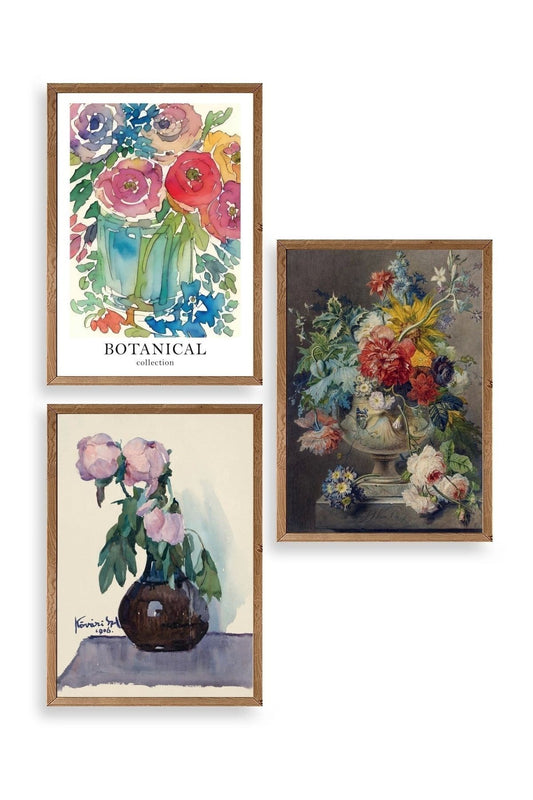 Çiçek Üçlü Ahşap Çerçeveli Tablo 23 x 30