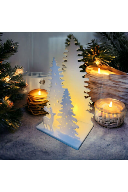 Işıklı Beyaz Yılbaşı Ağacı Geyikli Pleksi Masa Dekorasyonu Noel Süsü 20 Cm