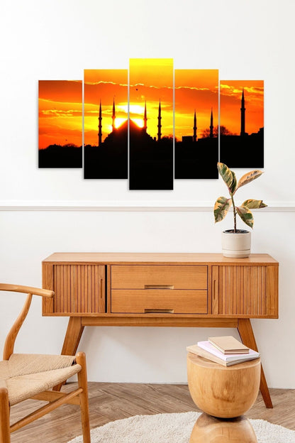 Camii Manzarası Güneş 5 Parçalı Mdf Tablo 60 x 100