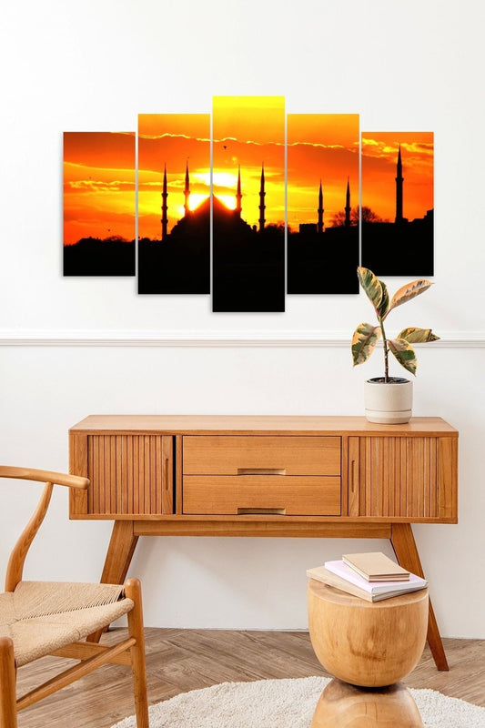 Camii Manzarası Güneş 5 Parçalı Mdf Tablo 60 x 100