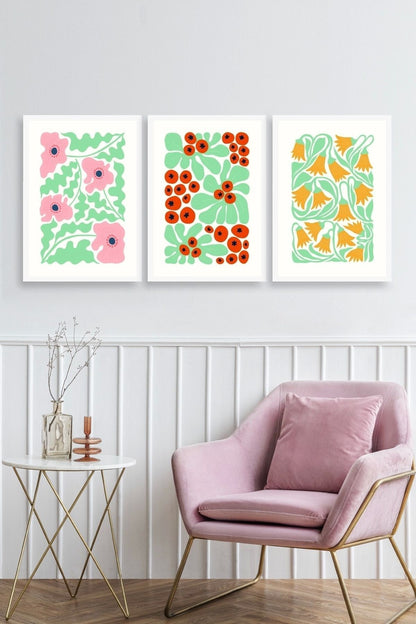 Çiçekler Üçlü Ahşap Çerçeveli Tablo 23 x 30