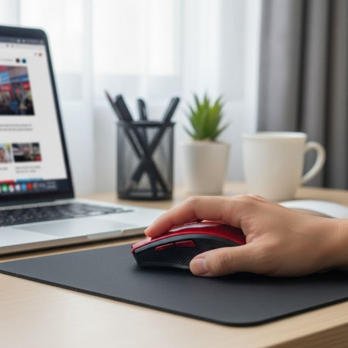 BUFFER® Kırmızı Renkli Baş Parmak Destekli Ergonomik Sessiz Kablosuz Mouse – USB Alıcılı, Ofis ve Oyun İçin Konforlu Bilgisayar Faresi MS6300