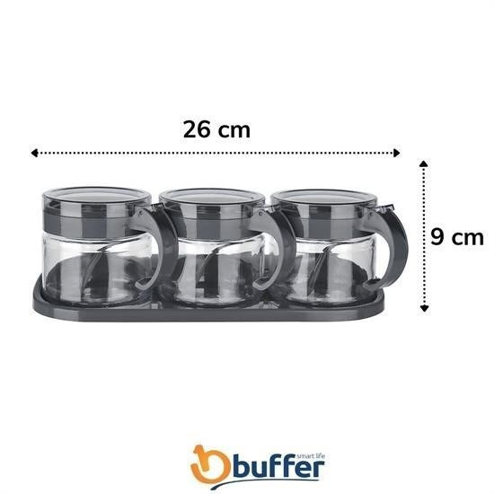 BUFFER® Siyah 3lü Standlı Kapaklı Kaşıklı Cam Hava Sızdırmaz Baharatlık Takımı KC-386