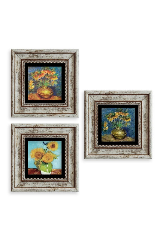 Çiçekler 3 lü Set Çerçeveli Taş Tablo 20 cm