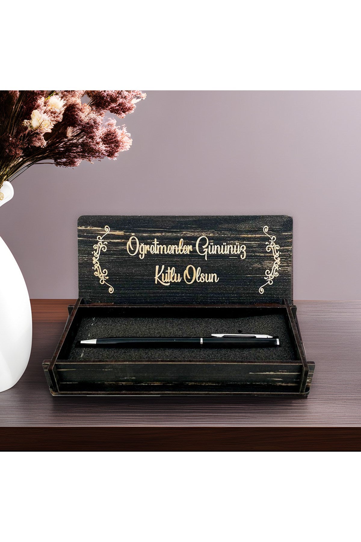 Öğretmenler Günü Tasarımlı Ahşap Kalem Kutusu - Siyah