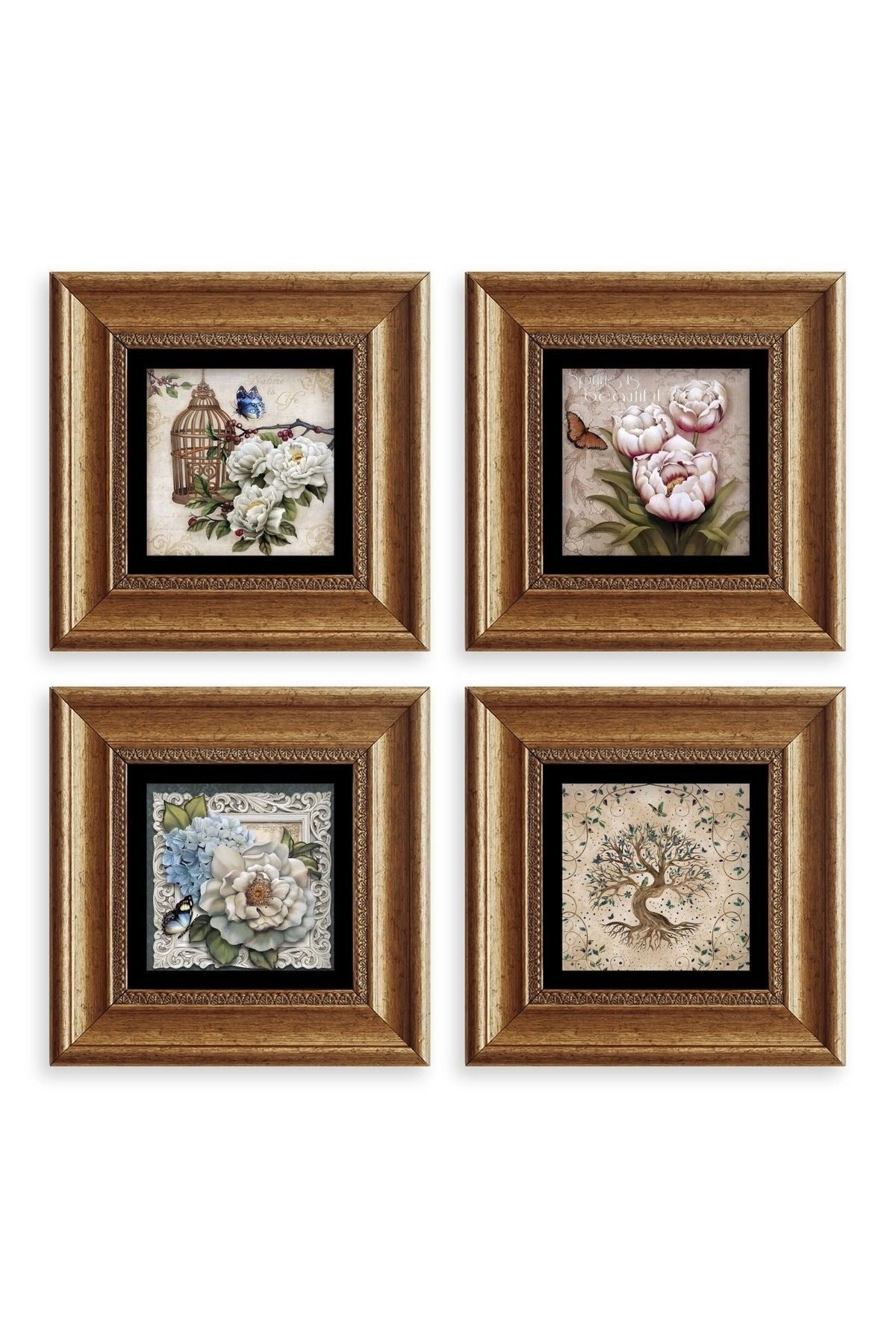 Çiçekler 4 lü Set Çerçeveli Taş Tablo 20 cm