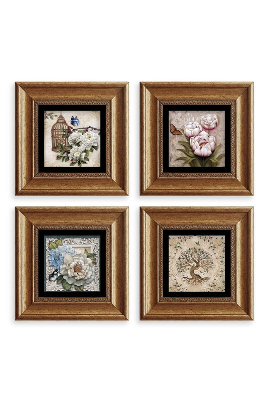 Çiçekler 4 lü Set Çerçeveli Taş Tablo 20 cm