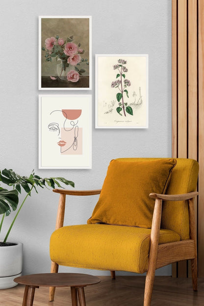 Çiçek Üçlü Ahşap Çerçeveli Tablo 23 x 30