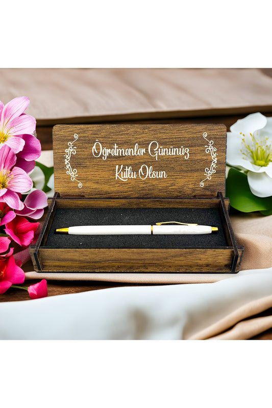 Öğretmenler Günü Tasarımlı Ahşap Kalem Kutusu - Bej