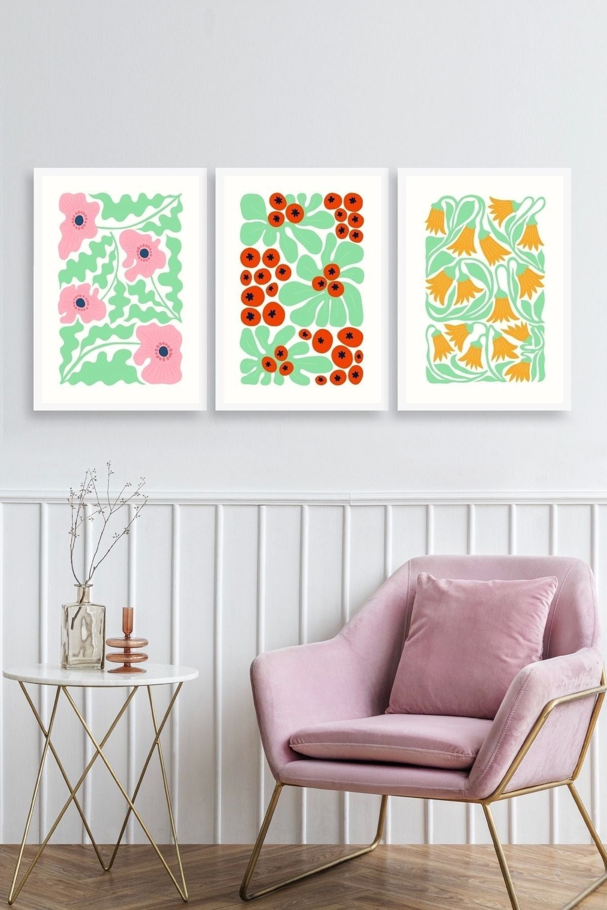 Çiçekler Üçlü Ahşap Çerçeveli Tablo 50 x 70