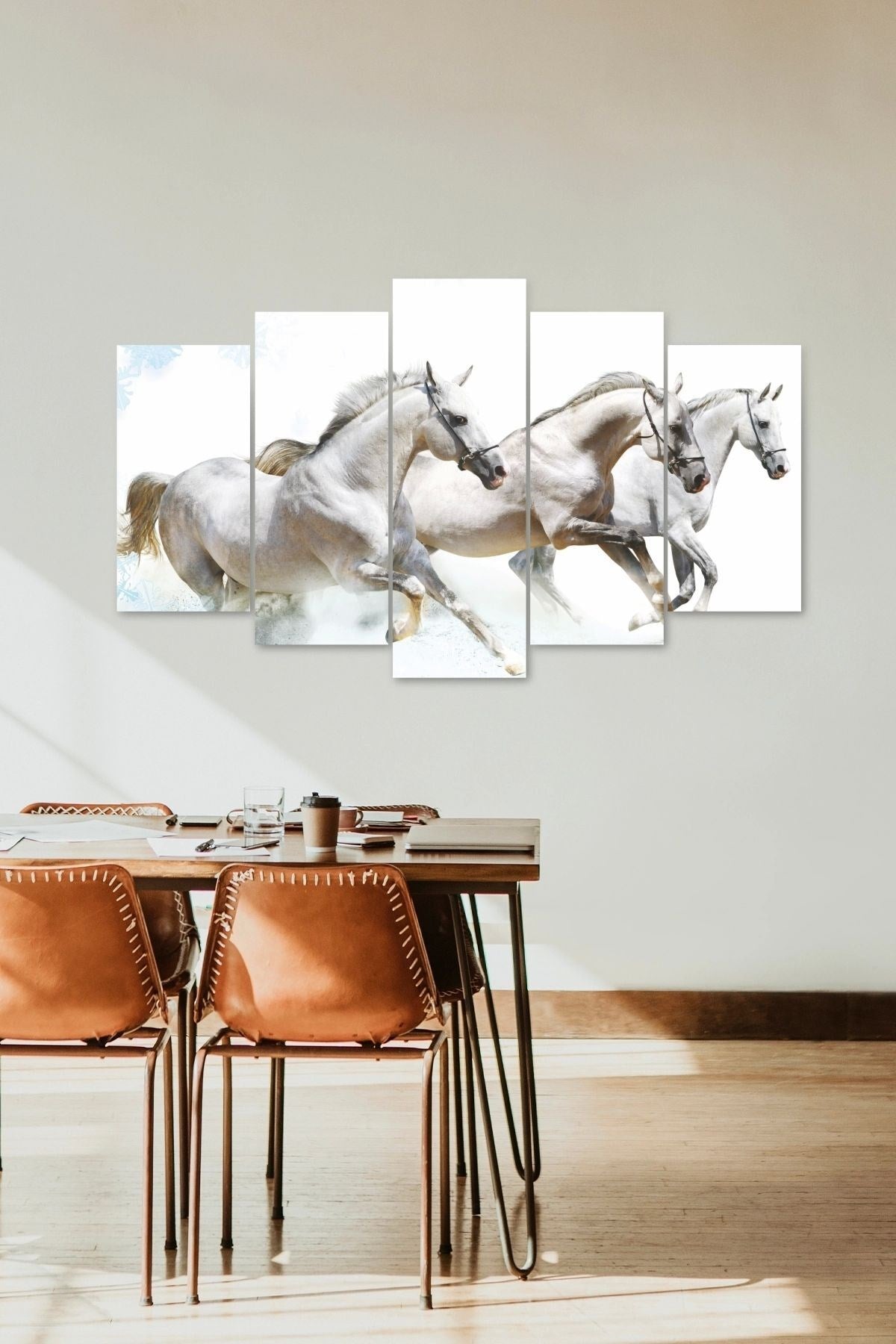 Beyaz At Manzarası 5 Parçalı Mdf Tablo 60 x 100
