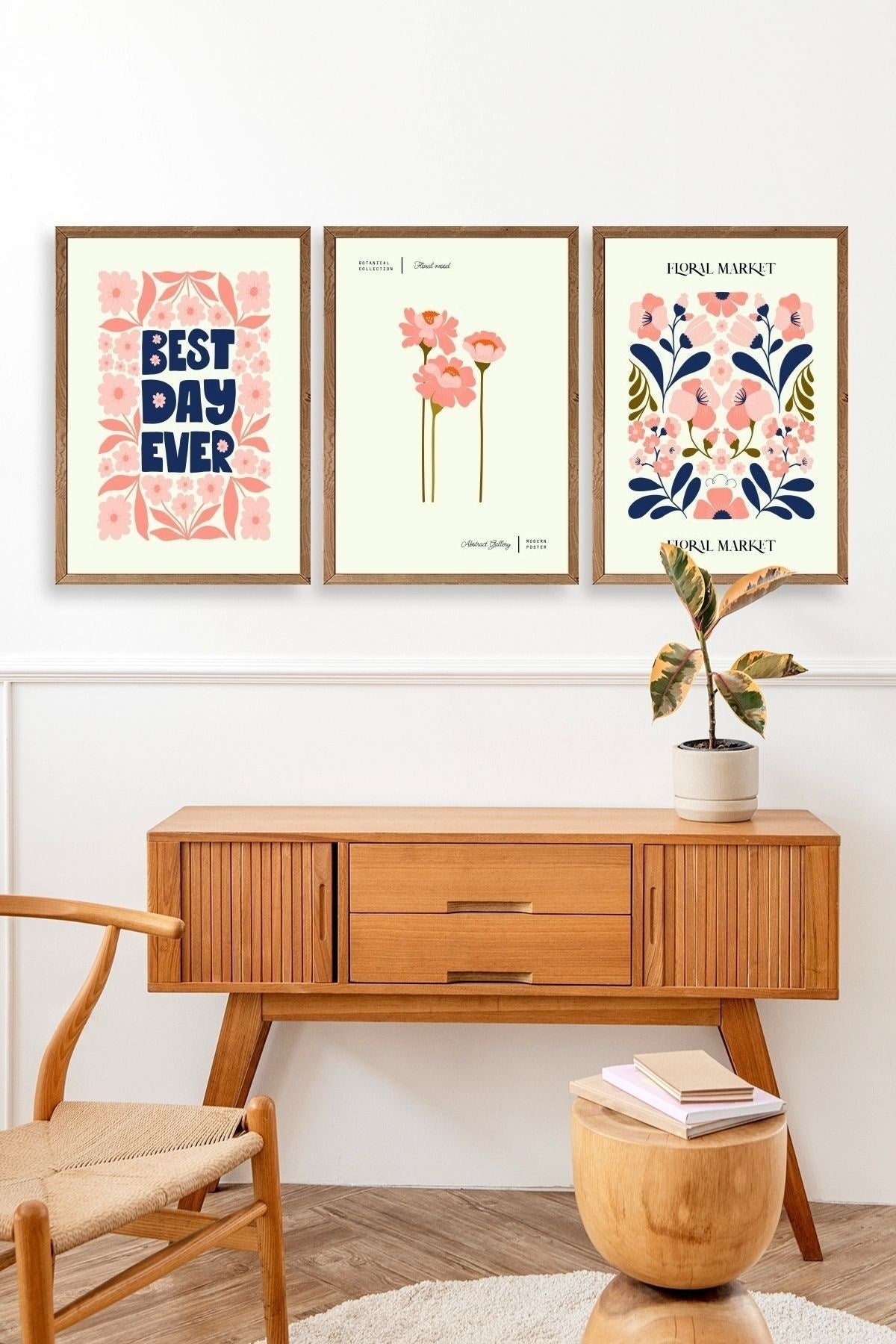 Flower Market Üçlü Ahşap Çerçeveli Tablo 23 x 30