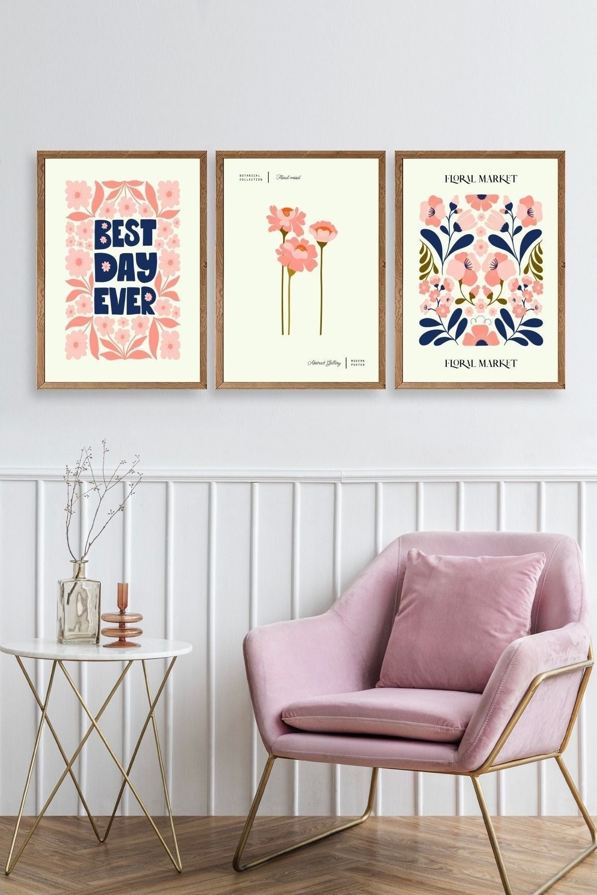 Flower Market Üçlü Ahşap Çerçeveli Tablo 50 x 70