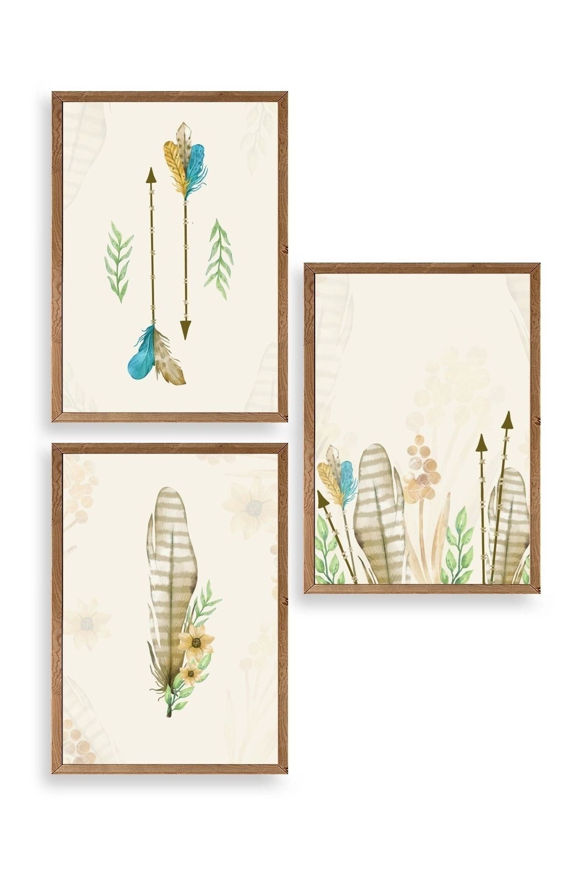 Çiçekli Desenler Üçlü Ahşap Çerçeveli Tablo 30 x 42