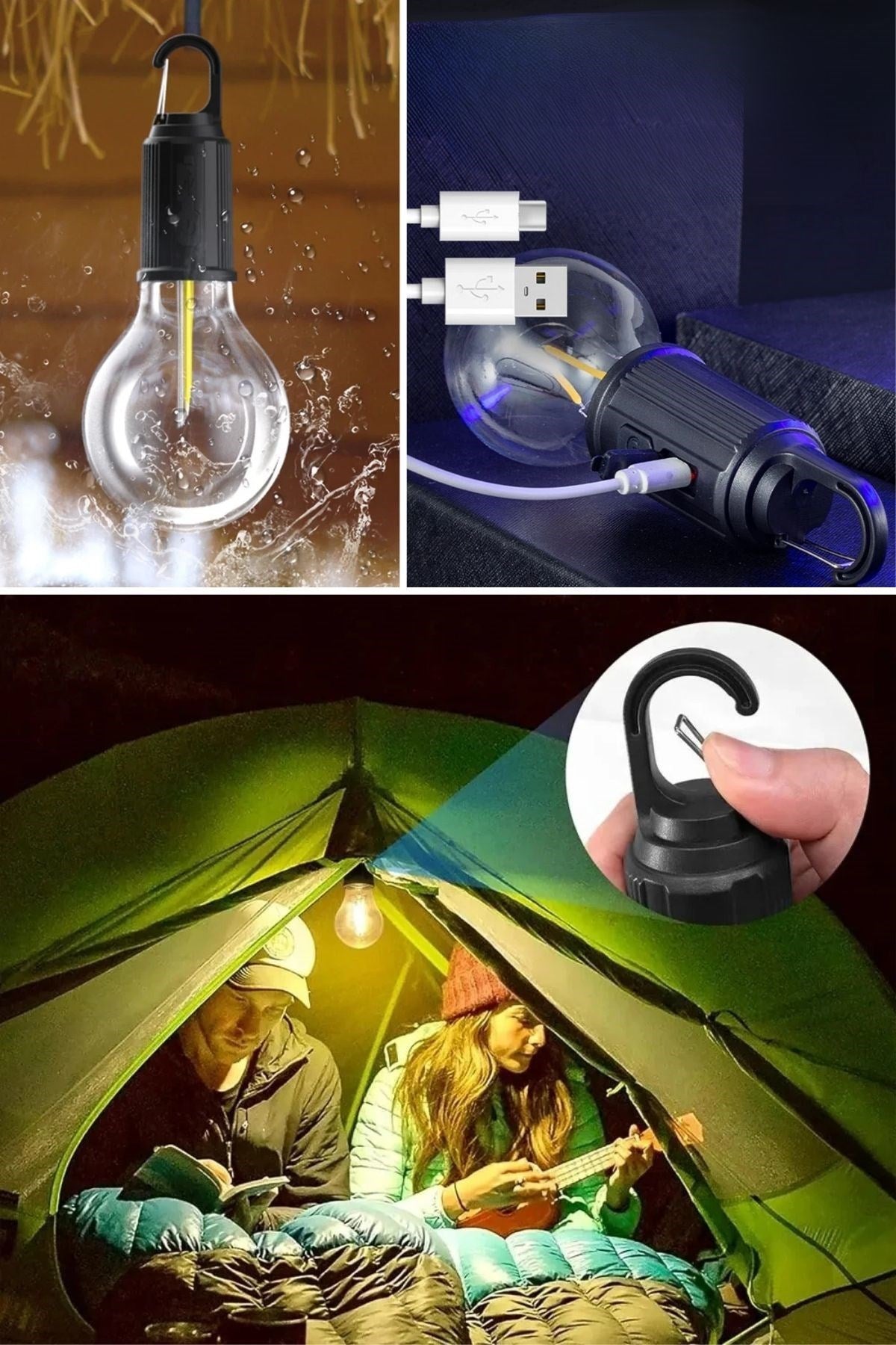 BUFFER® Şarj Olabilen 3 Farklı Mod LED'li Kendiliğinden Asma Kancalı Kamp,Dış Cephe Lambası